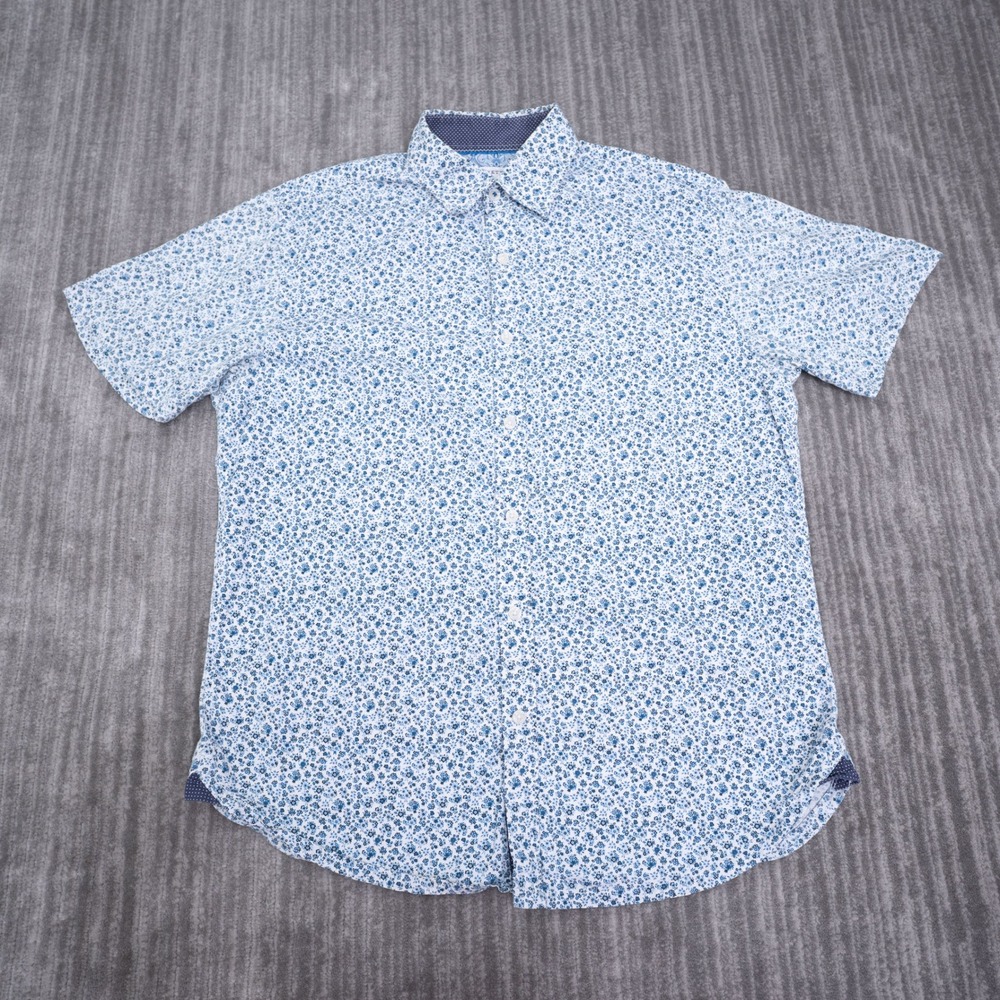 Society of Threads Mens Medium Hybrid Short Sleeve Button Up Floral Shirt Blue